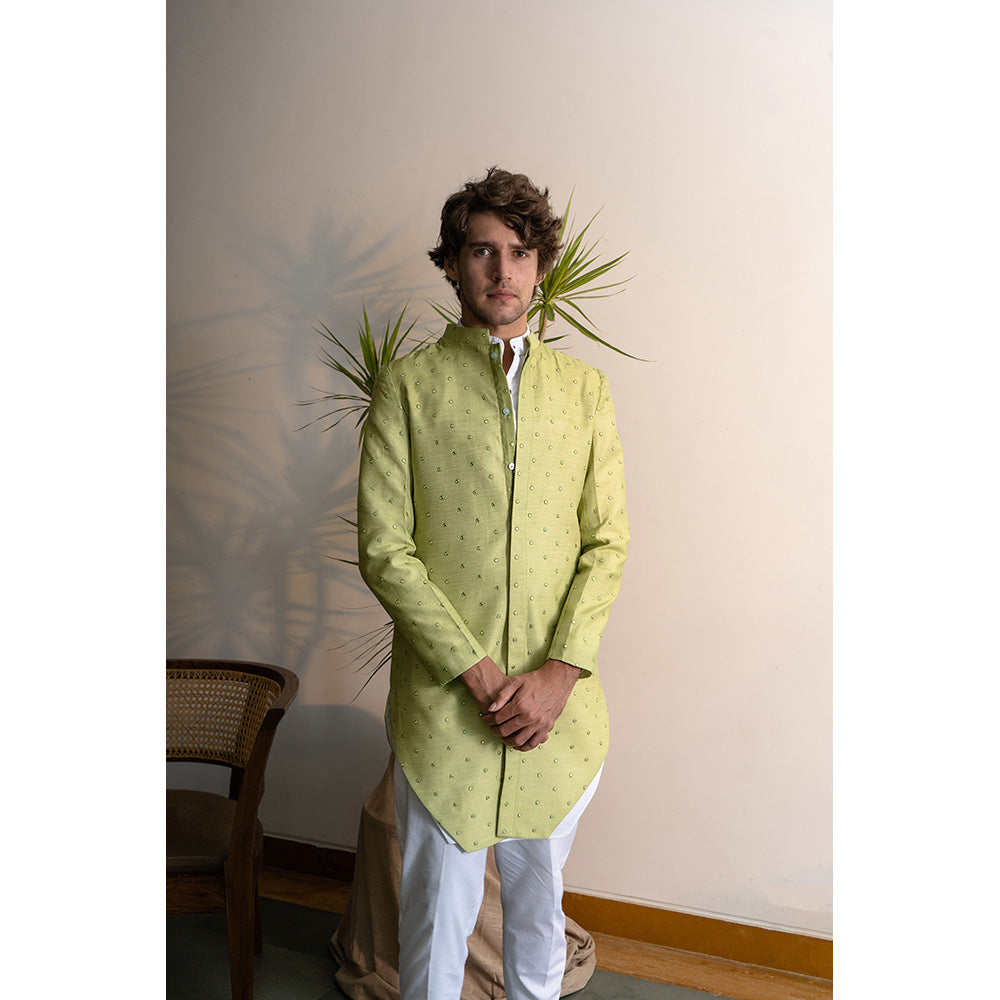 Project Bandi Lime Dropped Chanderi Achkan With White Kurta And Pajama (Set of 3)