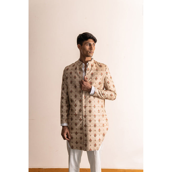 Project Bandi Tussar Achkan With Floral Sequin Butis And White Kurta Pajama (Set of 3)