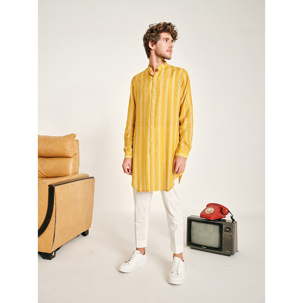 Project Bandi Yellow Chevron Stripe Malai Cotton Kurta with Pajama (Set of 2)