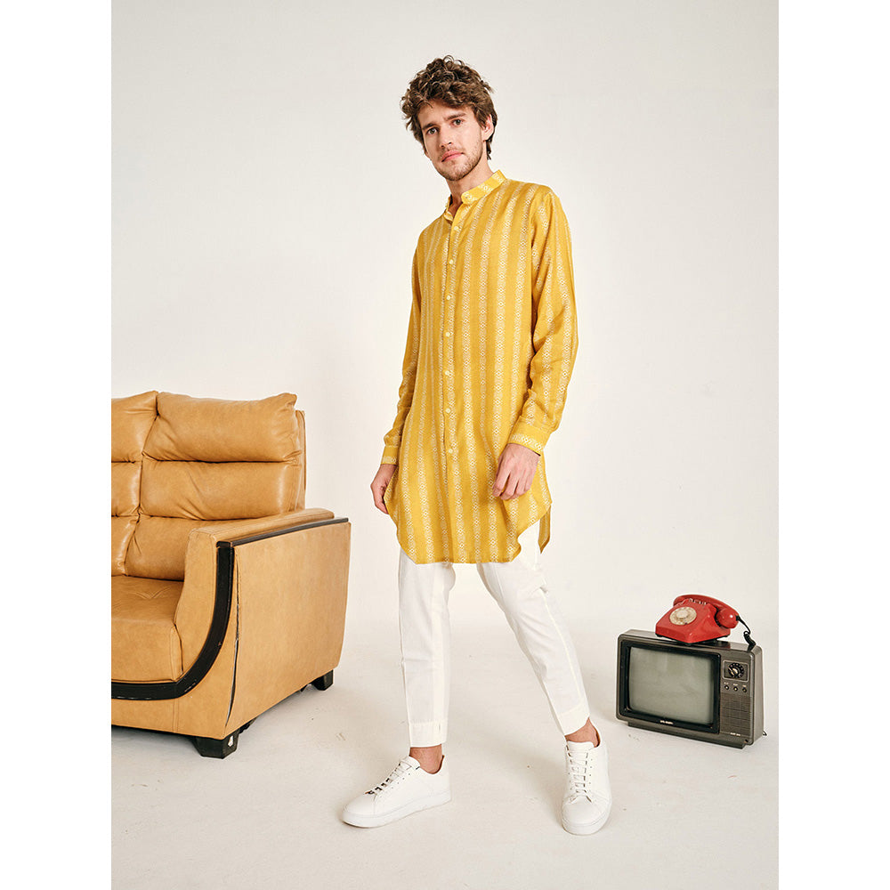 Project Bandi Yellow Chevron Stripe Malai Cotton Kurta with Pajama (Set of 2)