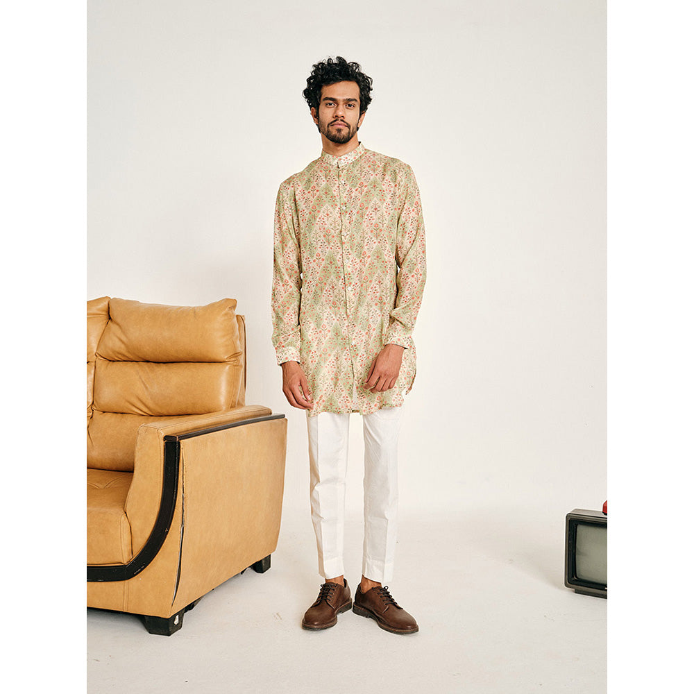 Project Bandi Cream and Green Gul Malai Cotton Kurta with Pajama (Set of 2)