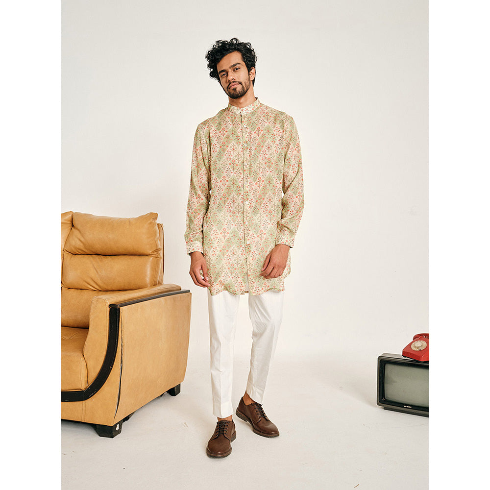 Project Bandi Cream and Green Gul Malai Cotton Kurta with Pajama (Set of 2)