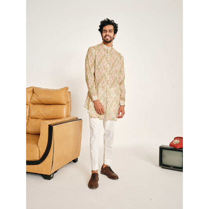 Project Bandi Cream and Green Gul Malai Cotton Kurta with Pajama (Set of 2)