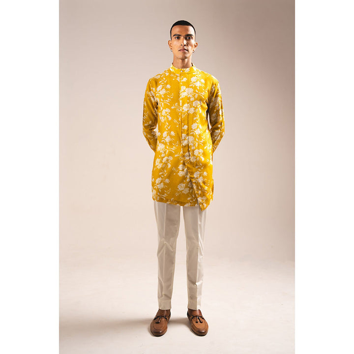 Project Bandi Yellow White Rose Side Slit Kurta Pajama (Set of 2)