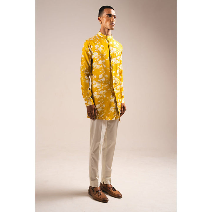 Project Bandi Yellow White Rose Side Slit Kurta Pajama (Set of 2)