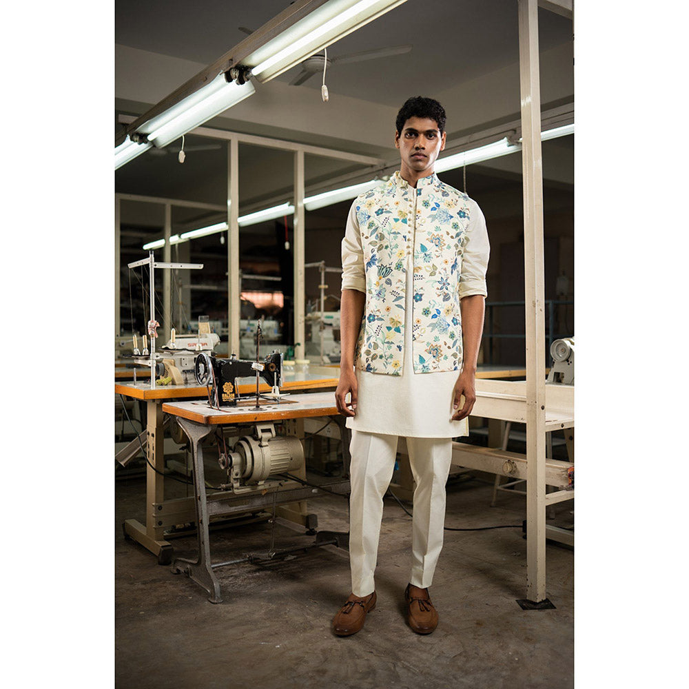 Project Bandi White Blue Kaari Open Nehru Jacket with Kurta and Pyjama (Set of 3)