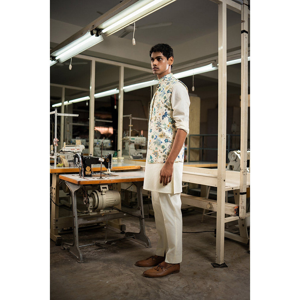 Project Bandi White Blue Kaari Open Nehru Jacket with Kurta and Pyjama (Set of 3)