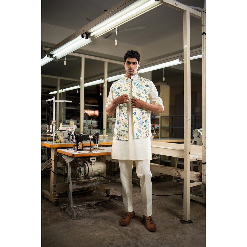 Project Bandi White Blue Kaari Open Nehru Jacket with Kurta and Pyjama (Set of 3)