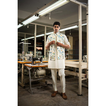 Project Bandi White Blue Kaari Open Nehru Jacket with Kurta and Pyjama (Set of 3)