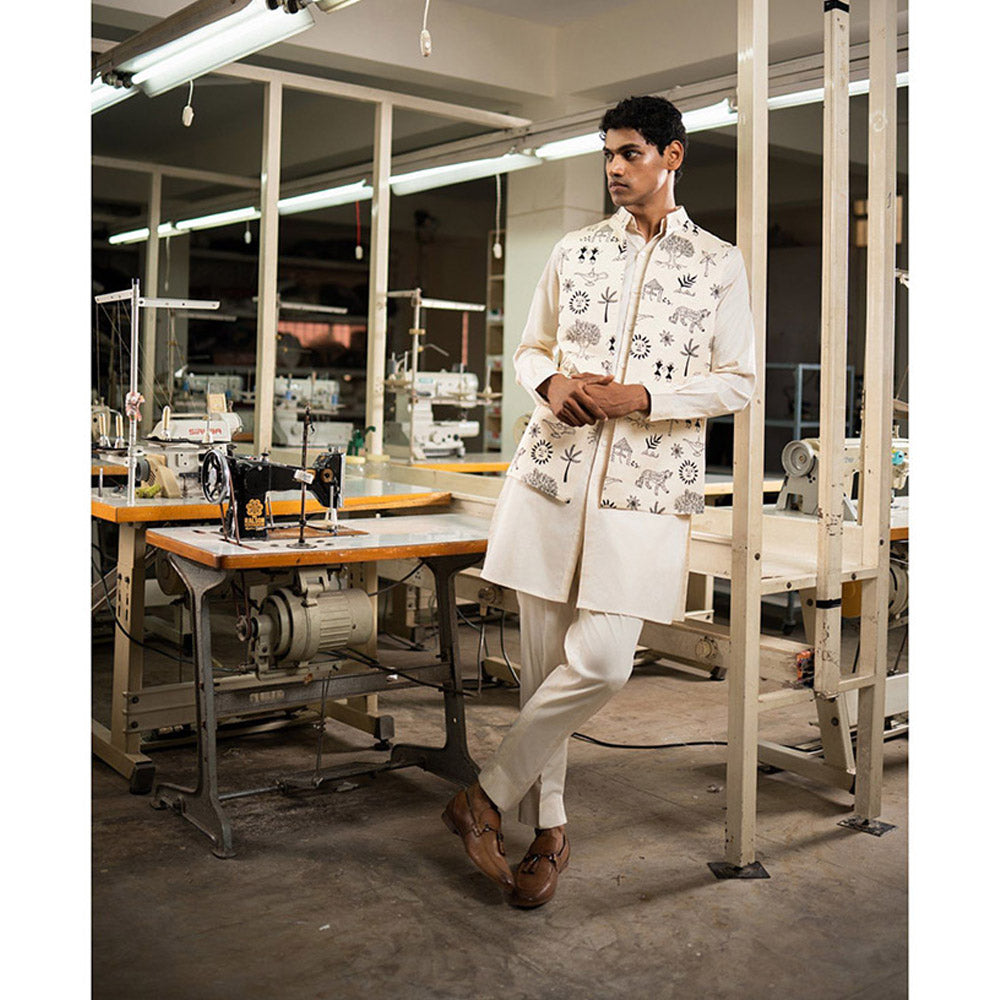 Project Bandi Off White Vaana Open Nehru Jacket with Kurta and Pyjama (Set of 3)