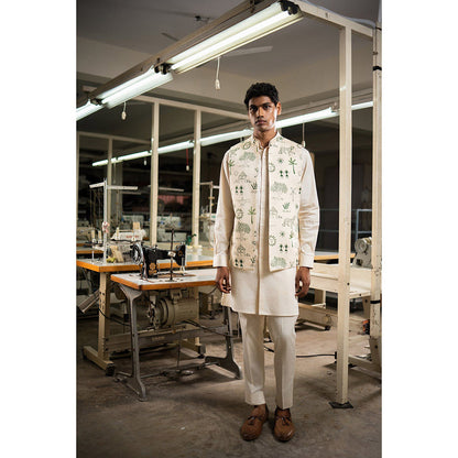 Project Bandi Green Vaana Open Nehru Jacket with Kurta and Pyjama (Set of 3)