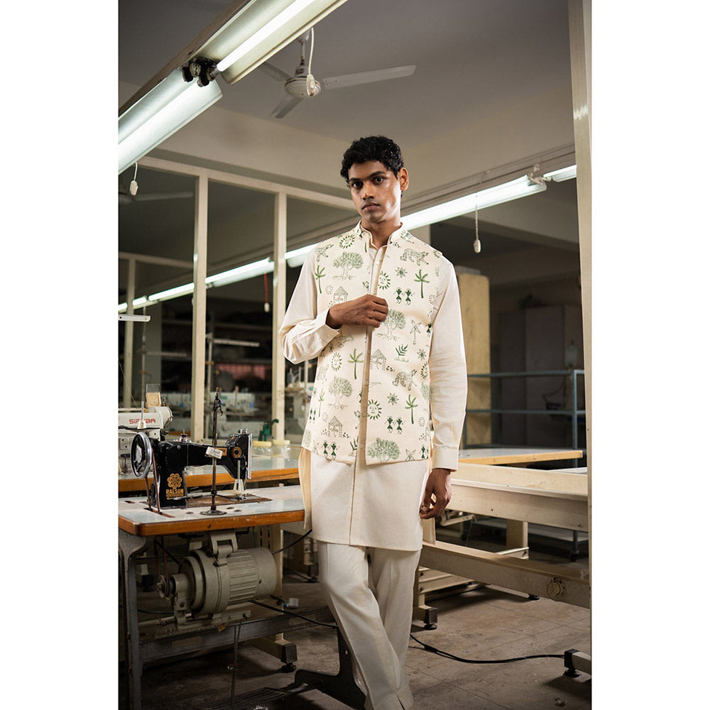 Project Bandi Green Vaana Open Nehru Jacket with Kurta and Pyjama (Set of 3)