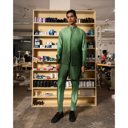 Project Bandi Green Yara Open Nehru Jacket with Kurta and Pyjama (Set of 3)