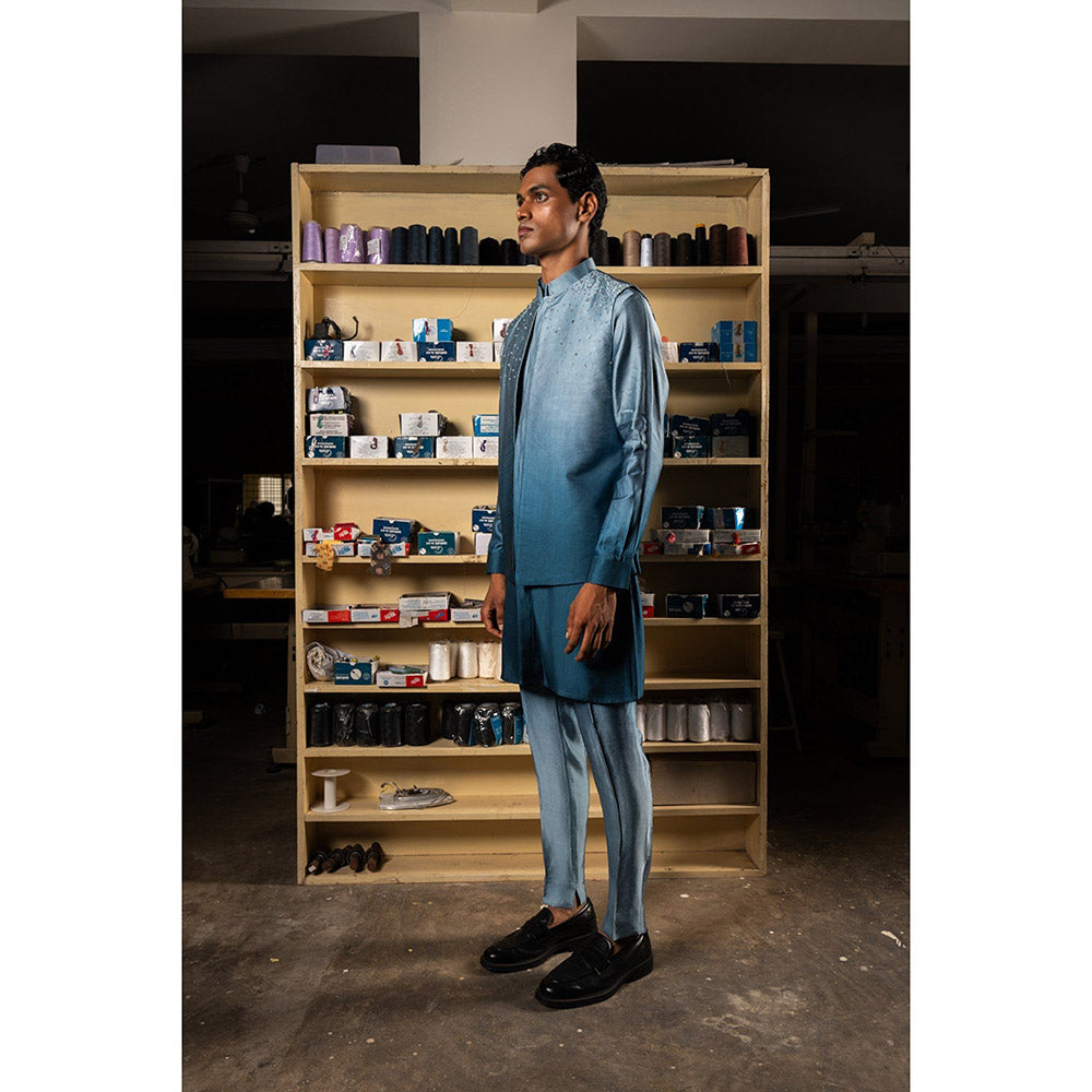 Project Bandi Blue Yara Open Nehru Jacket with Kurta and Pyjama (Set of 3)