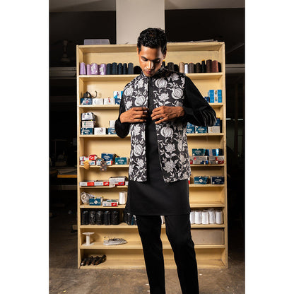 Project Bandi Black Anar Open Nehru Jacket with Kurta and Pyjama (Set of 3)