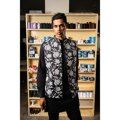 Project Bandi Black Anar Open Nehru Jacket with Kurta and Pyjama (Set of 3)