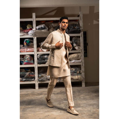 Project Bandi Beige Ruh Open Nehru Jacket with Kurta and Pyjama (Set of 3)