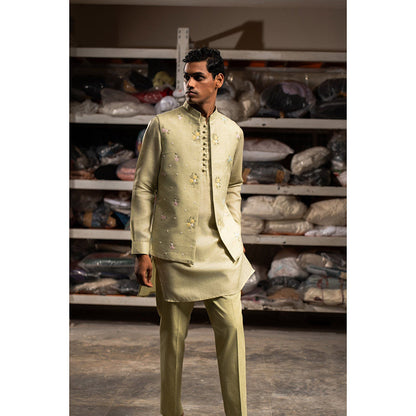 Project Bandi Green Raag Open Nehru Jacket with Kurta and Pyjama (Set of 3)