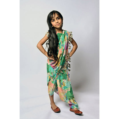 PS Kids by Payal Singhal Multi Kuno Print Crepe Choli and Dhoti Saree (Set of 2)