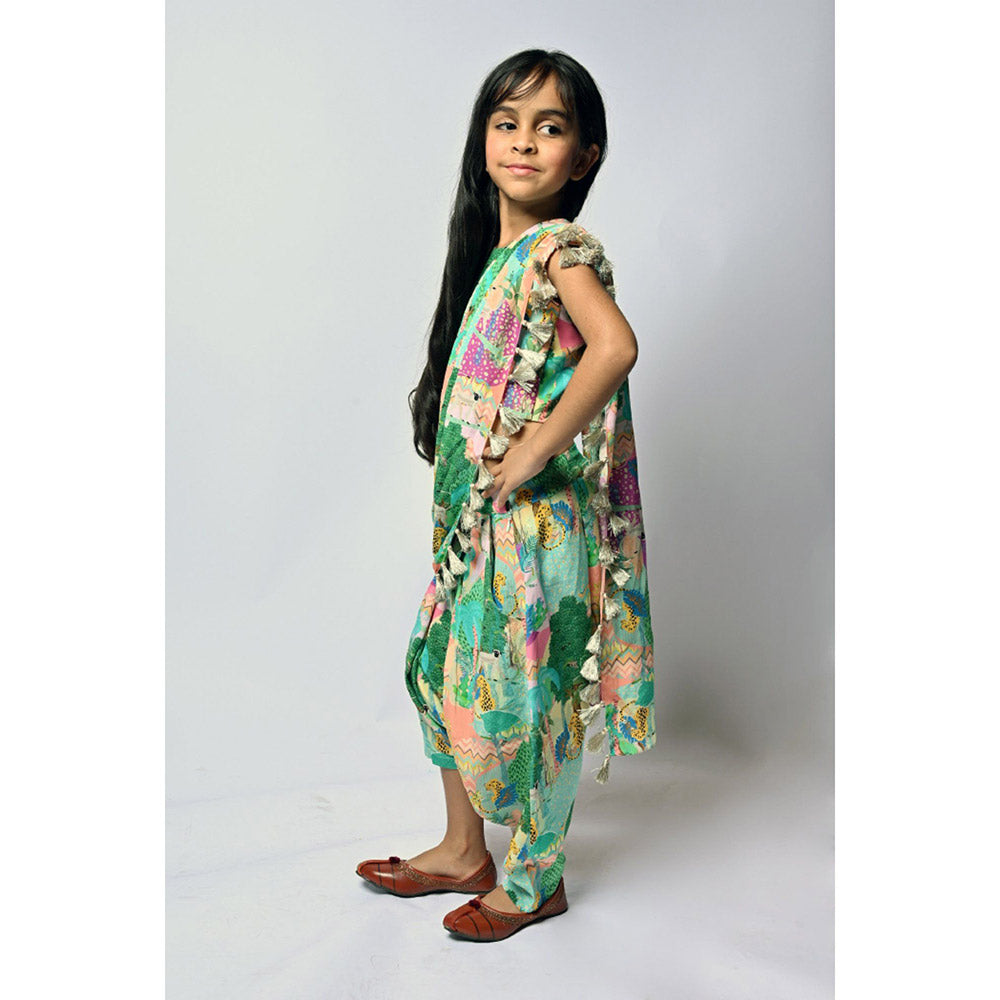 PS Kids by Payal Singhal Multi Kuno Print Crepe Choli and Dhoti Saree (Set of 2)