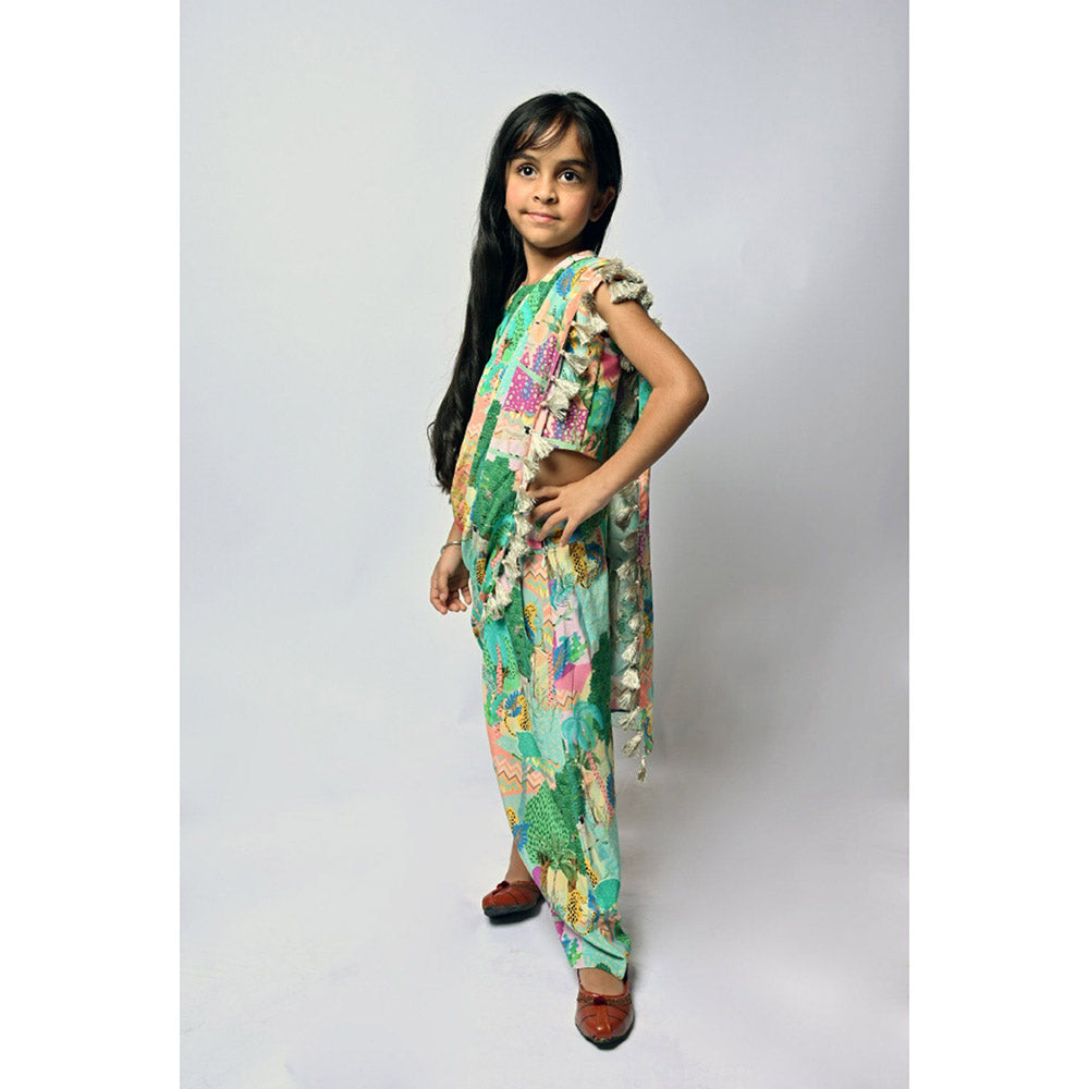 PS Kids by Payal Singhal Multi Kuno Print Crepe Choli and Dhoti Saree (Set of 2)
