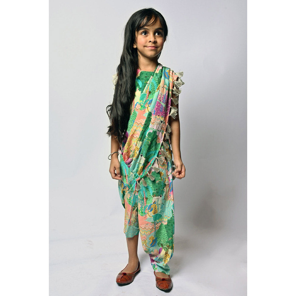 PS Kids by Payal Singhal Multi Kuno Print Crepe Choli and Dhoti Saree (Set of 2)