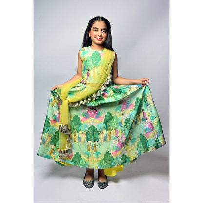 PS Kids by Payal Singhal Green Kuno Print Silkmul Choli Lehenga and Dupatta (Set of 3)