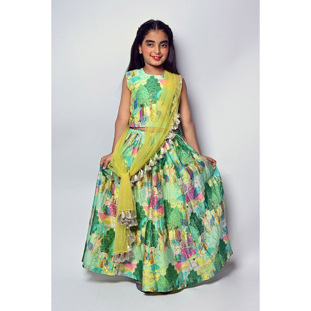 PS Kids by Payal Singhal Green Kuno Print Silkmul Choli Lehenga and Dupatta (Set of 3)