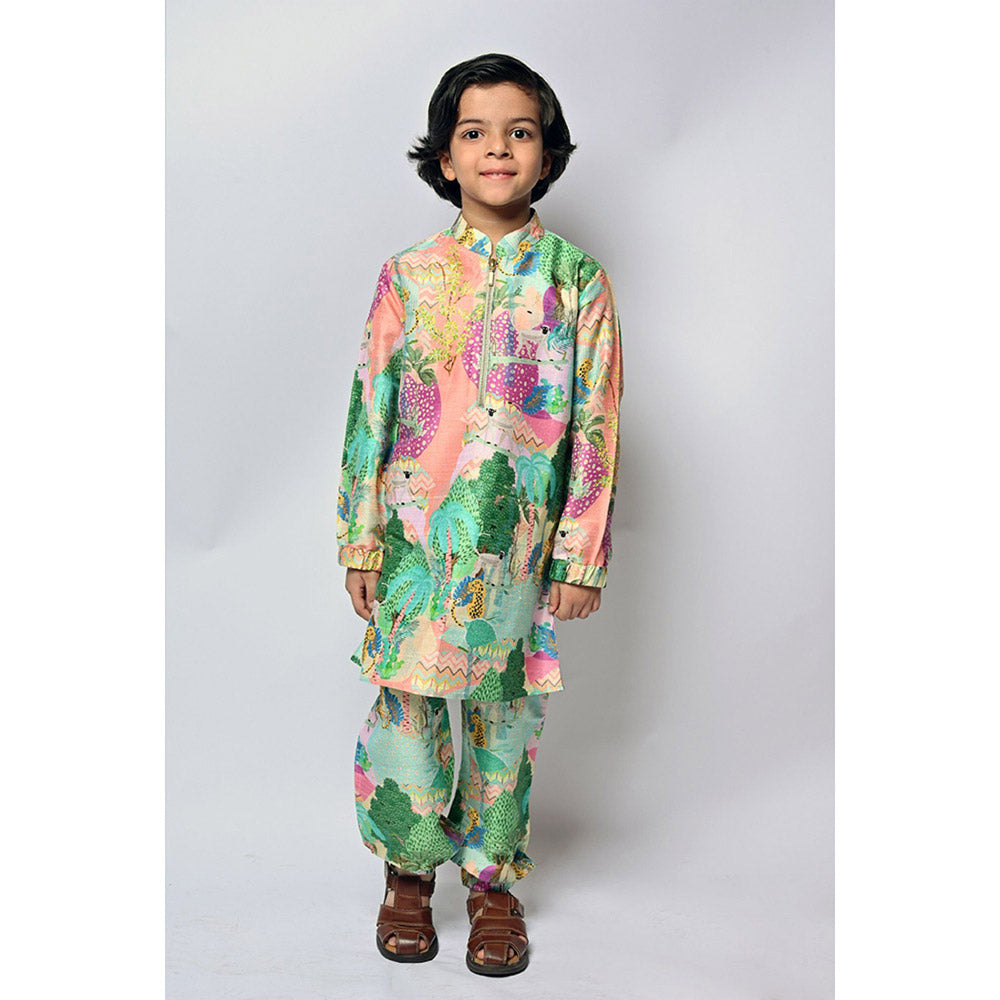 PS Kids by Payal Singhal Multi Kuno Printed Dupion Bomber Kurta and Pants (Set of 2)