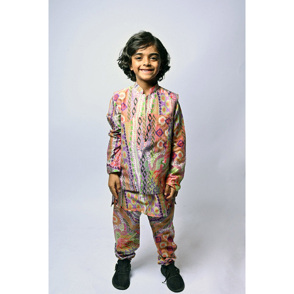 PS Kids by Payal Singhal African Multi Print Silkmul Kurta Churidar & Bandi (Set of 3)