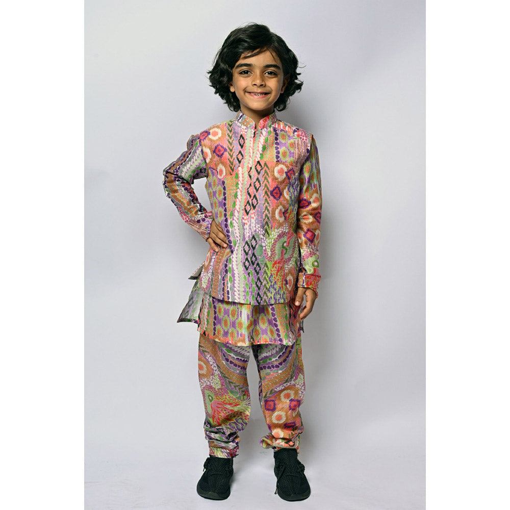 PS Kids by Payal Singhal African Multi Print Silkmul Kurta Churidar & Bandi (Set of 3)