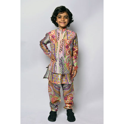 PS Kids by Payal Singhal African Multi Print Silkmul Kurta Churidar & Bandi (Set of 3)