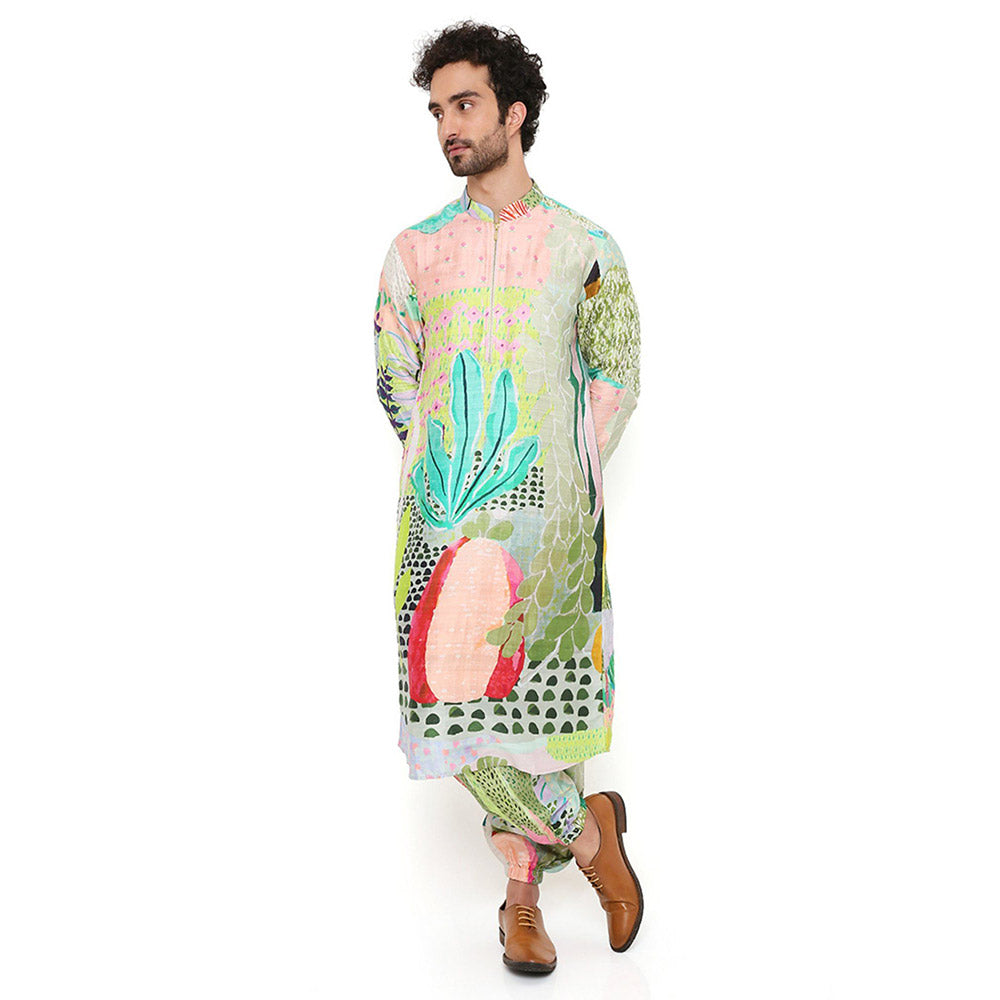 PS Men by Payal Singhal Print Dupion Silk Bomber Kurta with Jogger Pants (Set of 2)