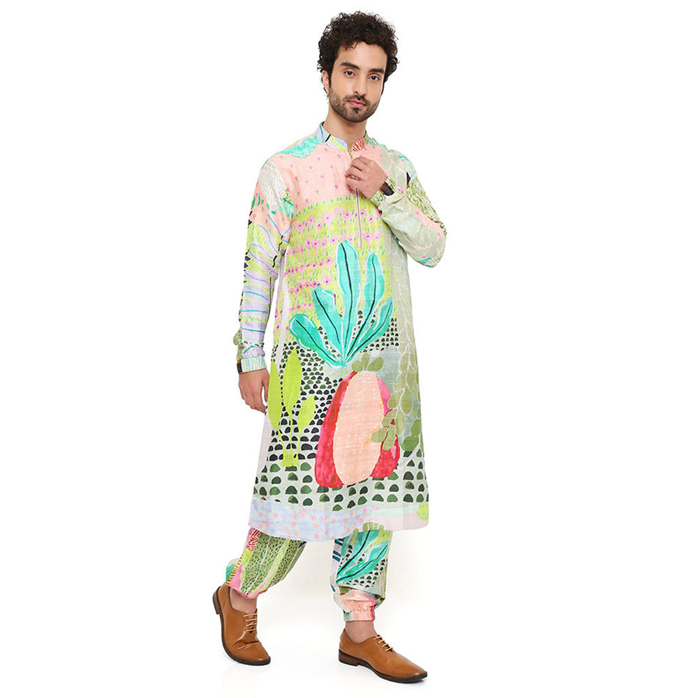 PS Men by Payal Singhal Print Dupion Silk Bomber Kurta with Jogger Pants (Set of 2)
