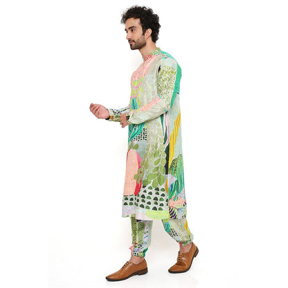 PS Men by Payal Singhal Print Dupion Silk Bomber Kurta with Jogger Pants (Set of 2)