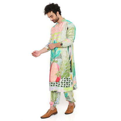 PS Men by Payal Singhal Print Dupion Silk Bomber Kurta with Jogger Pants (Set of 2)
