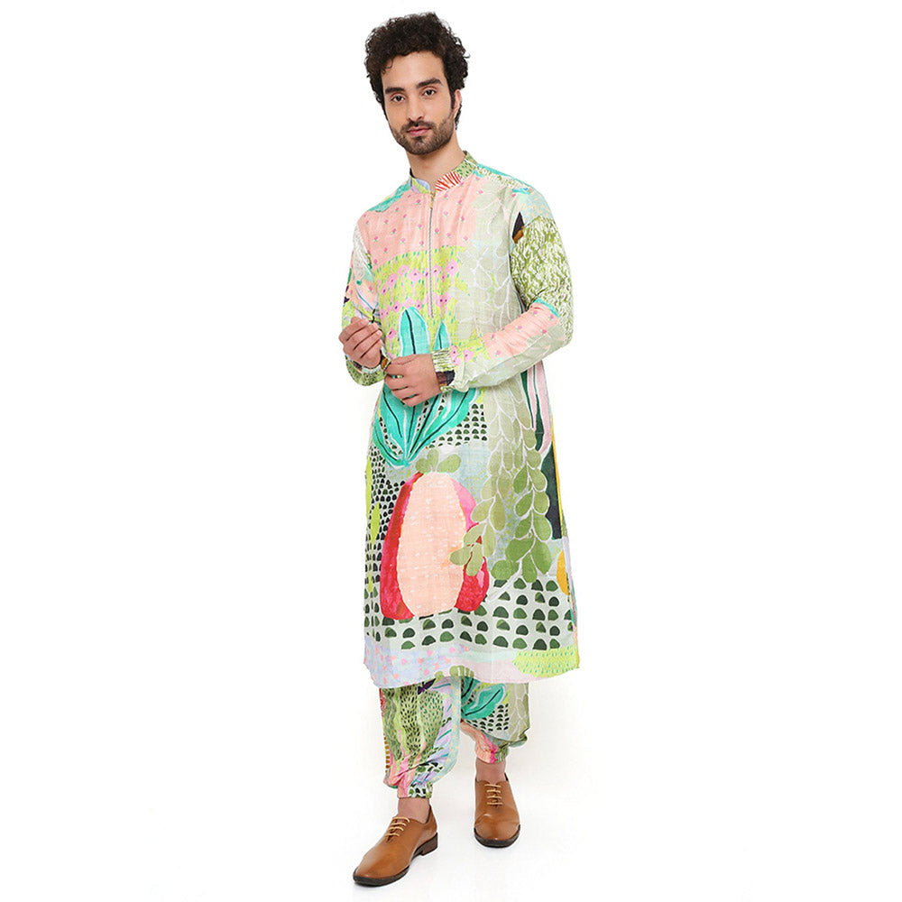 PS Men by Payal Singhal Print Dupion Silk Bomber Kurta with Jogger Pants (Set of 2)