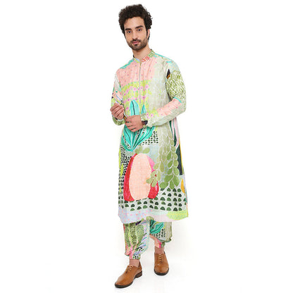 PS Men by Payal Singhal Print Dupion Silk Bomber Kurta with Jogger Pants (Set of 2)
