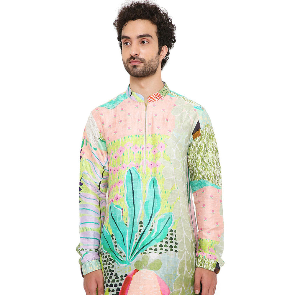 PS Men by Payal Singhal Print Dupion Silk Bomber Kurta with Jogger Pants (Set of 2)