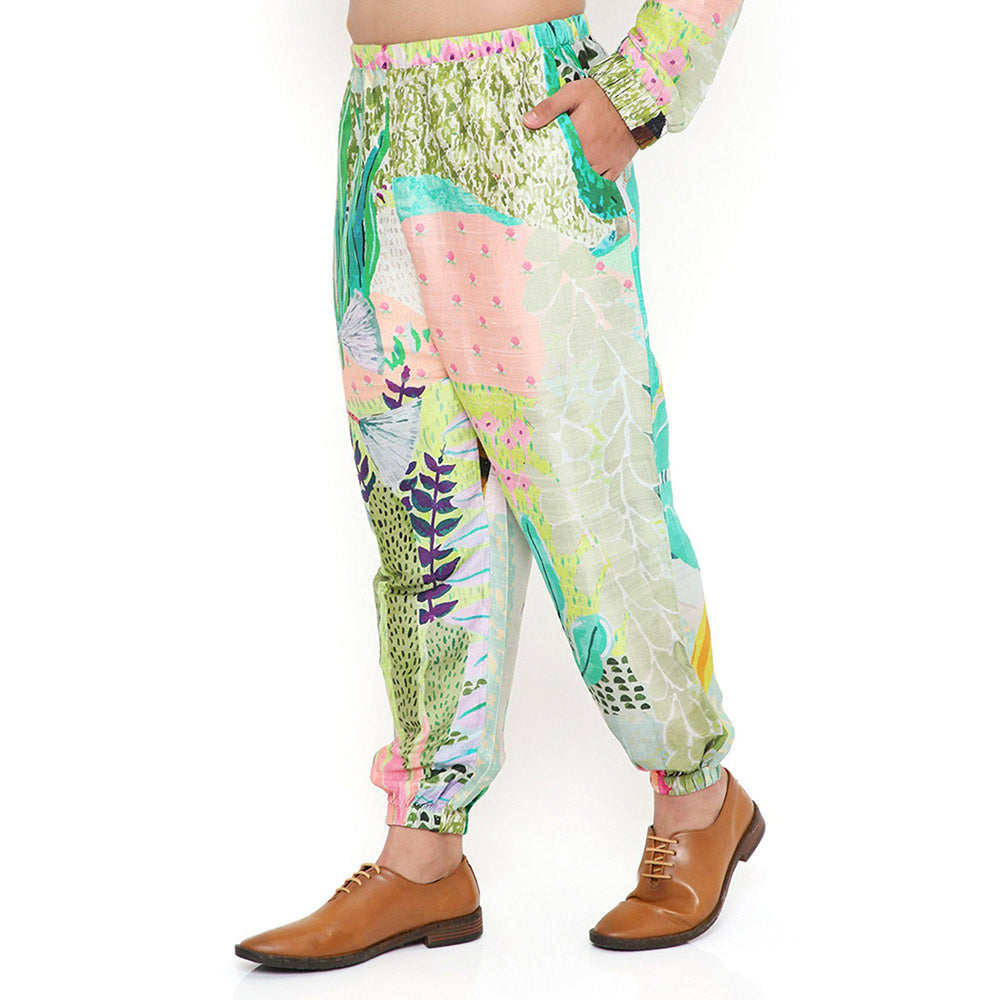 PS Men by Payal Singhal Print Dupion Silk Bomber Kurta with Jogger Pants (Set of 2)