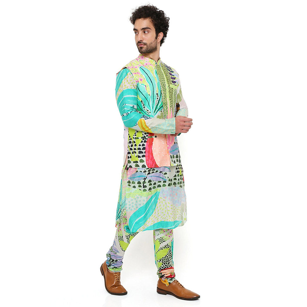 PS Men by Payal Singhal Print Dupion Silk Bandi with Silkmul Kurta and Churidar (Set of 3)