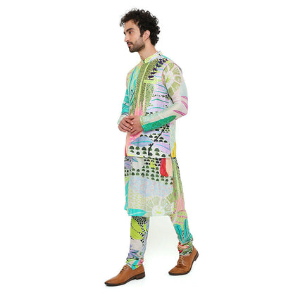 PS Men by Payal Singhal Print Dupion Silk Bandi with Silkmul Kurta and Churidar (Set of 3)