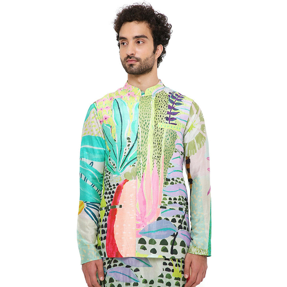 PS Men by Payal Singhal Print Dupion Silk Bandi with Silkmul Kurta and Churidar (Set of 3)