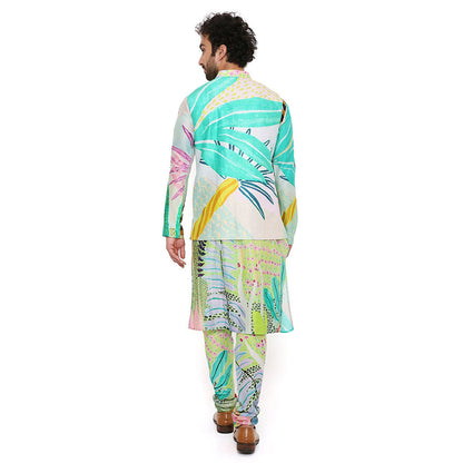 PS Men by Payal Singhal Print Dupion Silk Bandi with Silkmul Kurta and Churidar (Set of 3)