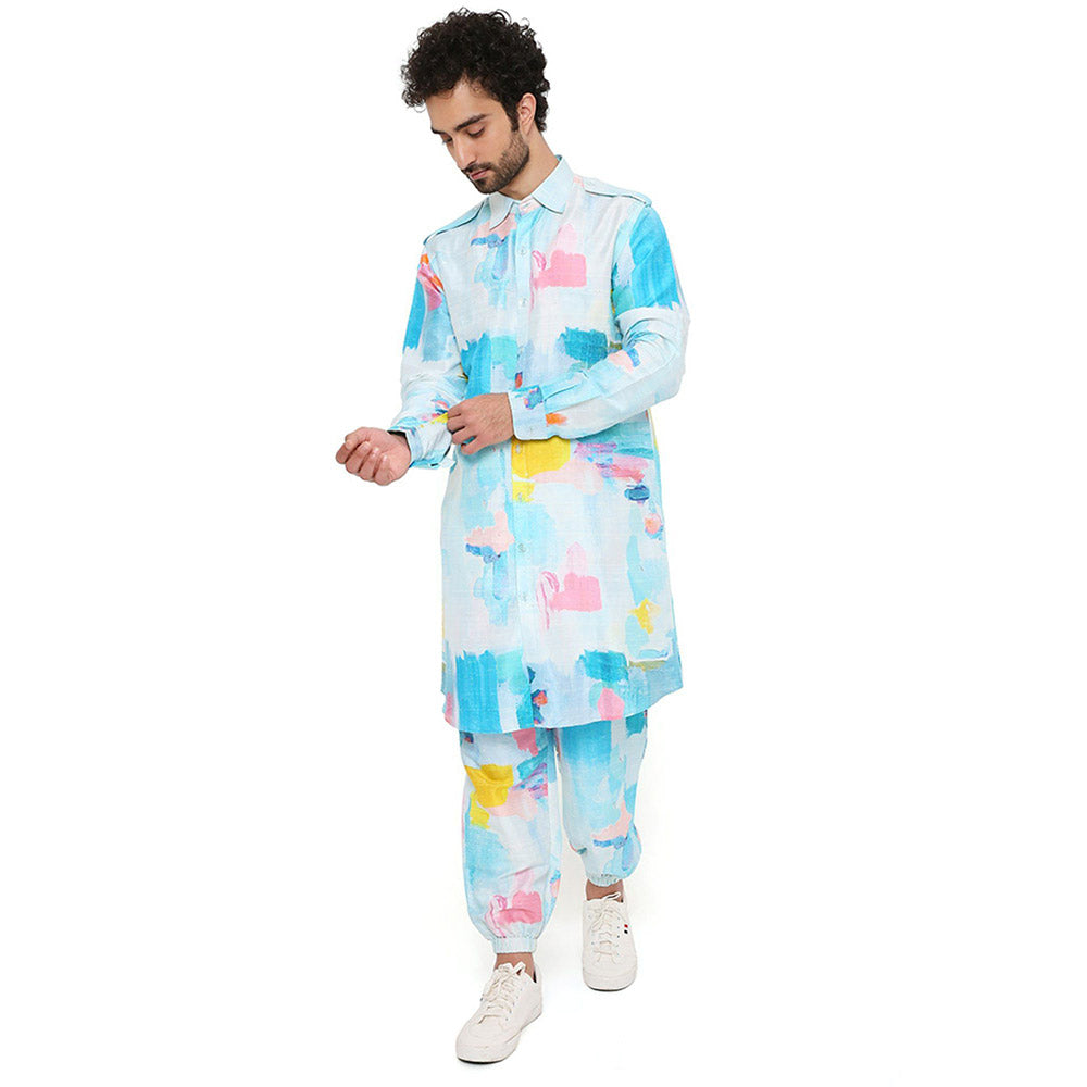 PS Men by Payal Singhal Painterly Print Dupion Silk Pathani Kurta with Jogger Pants (Set of 2)
