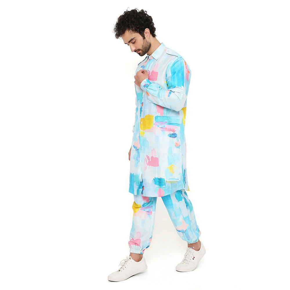 PS Men by Payal Singhal Painterly Print Dupion Silk Pathani Kurta with Jogger Pants (Set of 2)