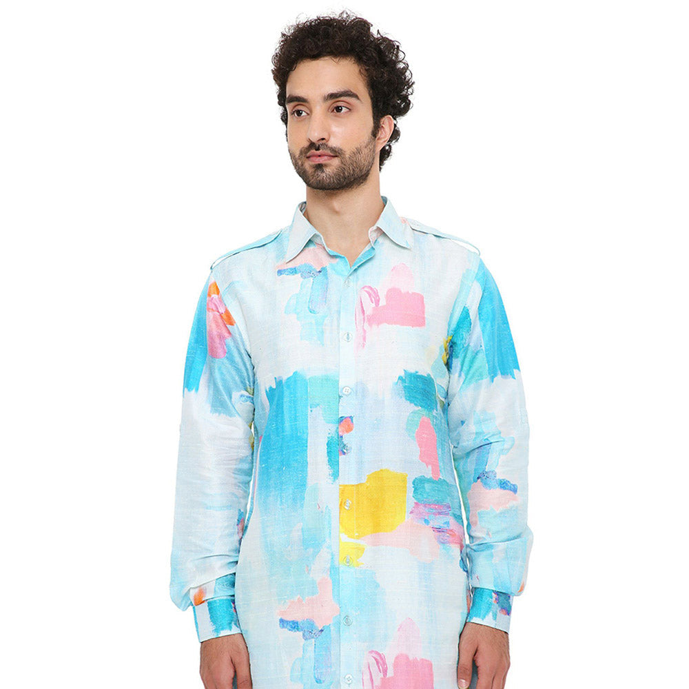 PS Men by Payal Singhal Painterly Print Dupion Silk Pathani Kurta with Jogger Pants (Set of 2)