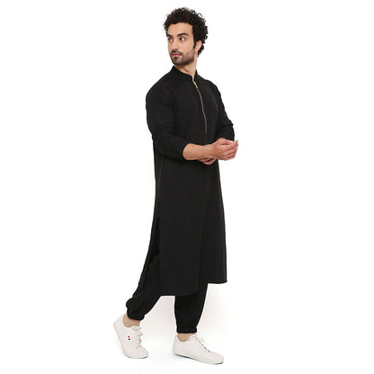 PS Men by Payal Singhal Black Soft Linen Bomber Kurta with Jogger Pant (Set of 2)