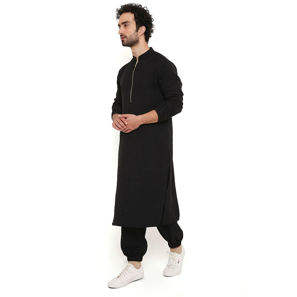 PS Men by Payal Singhal Black Soft Linen Bomber Kurta with Jogger Pant (Set of 2)