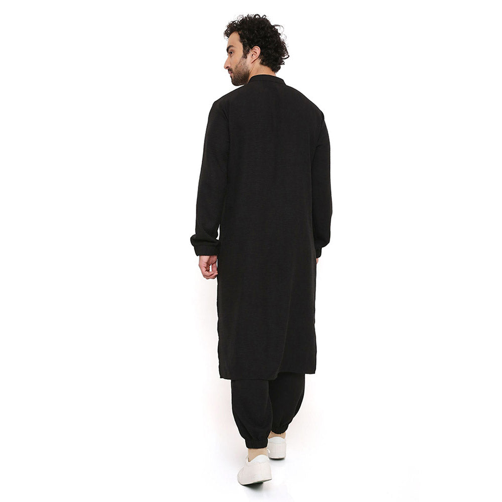 PS Men by Payal Singhal Black Soft Linen Bomber Kurta with Jogger Pant (Set of 2)